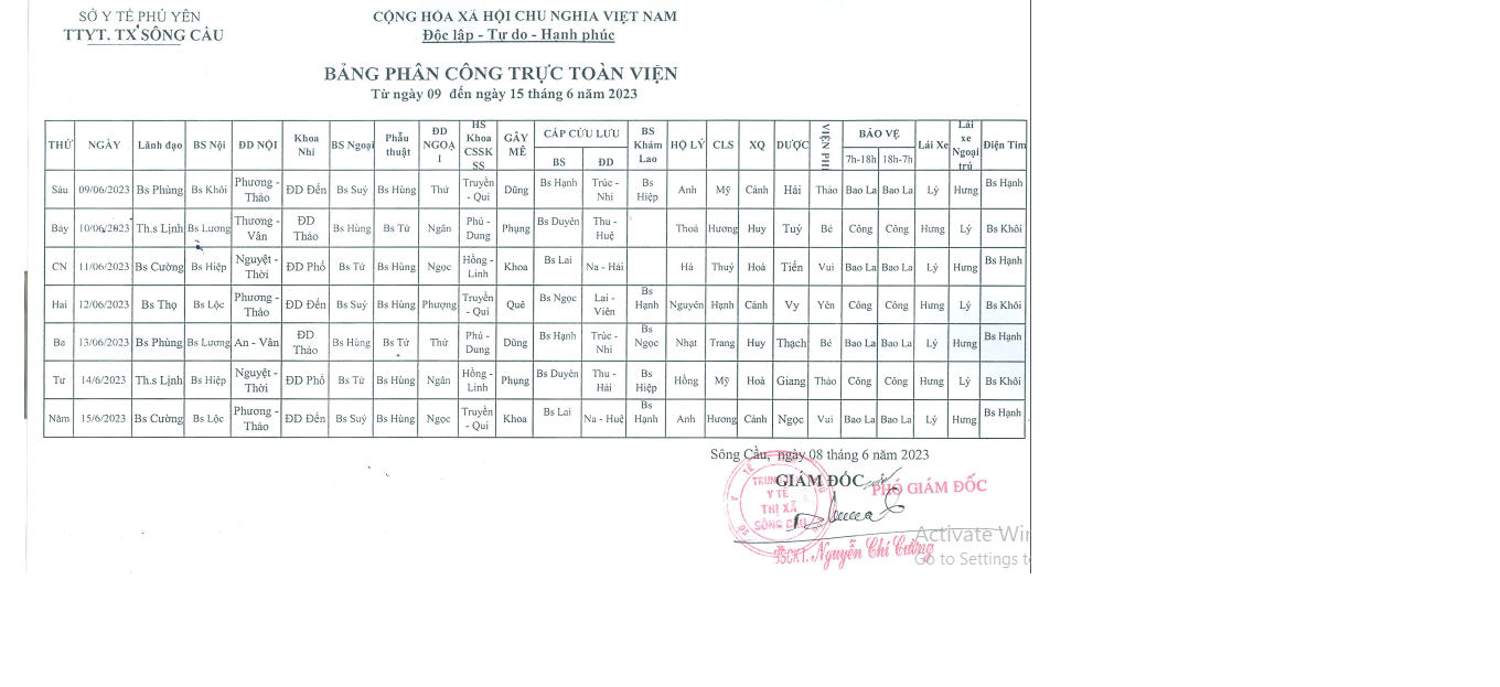 Lịch trực từ ngày  09/6/2023 đến 15/6/2023